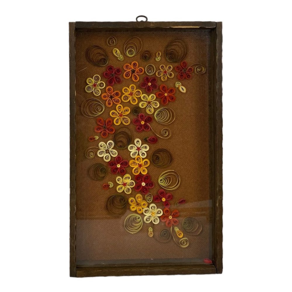 Vintage Boho Rustic Farmhouse Paper Quilling Floral Textile Wall Art 15" x 9"
